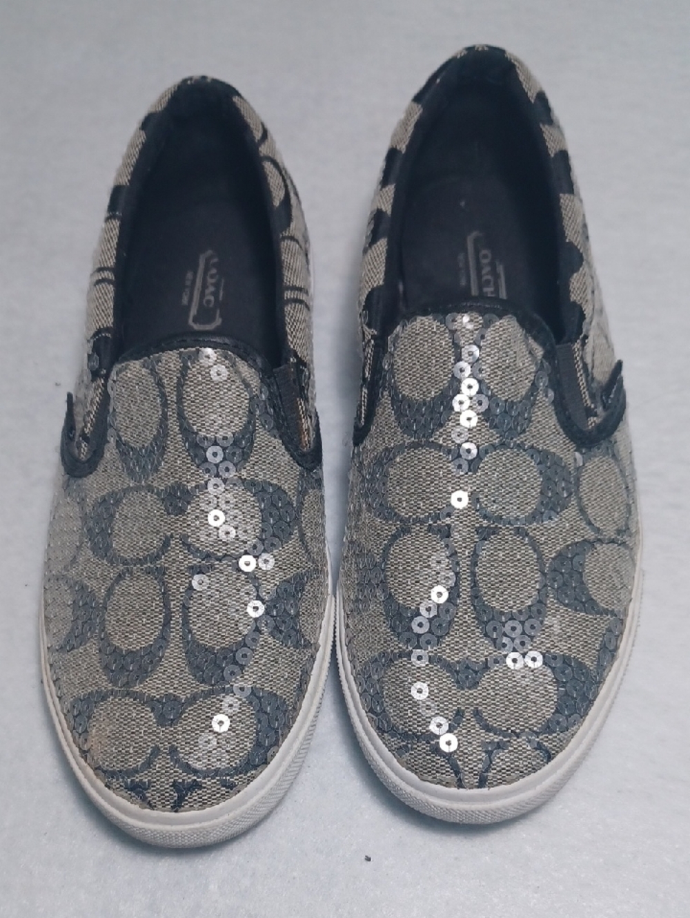 Coach Signature Sequin Slip-On Sneakers - Gray and Silver